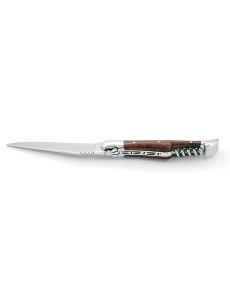 Laguiole pliant, 12 cm, abeille forgée, lame & tire-bouchon, mitres inox brillant, manche bois d'amourette