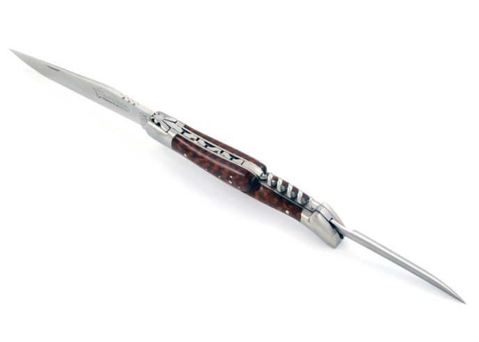 Laguiole pliant, 12 cm, abeille forgée, lame & tire-bouchon & poinçon, mitres inox mat, manche bois d'amourette
