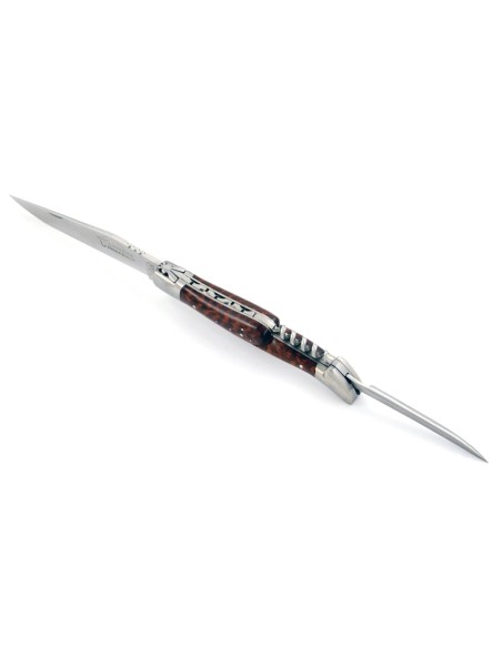 Laguiole pliant, 12 cm, abeille forgée, lame & tire-bouchon & poinçon, mitres inox mat, manche bois d'amourette