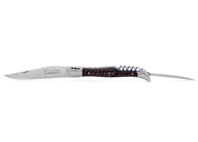 Laguiole pliant, 12 cm, abeille forgée, lame & tire-bouchon & poinçon, mitres inox mat, manche bois d'amourette
