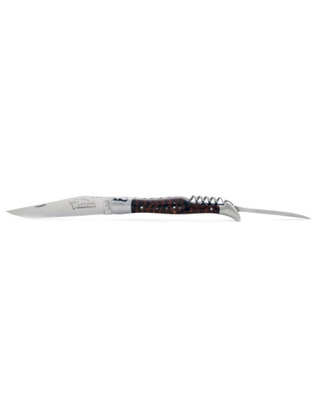 Laguiole pliant, 12 cm, abeille forgée, lame & tire-bouchon & poinçon, mitres inox mat, manche bois d'amourette