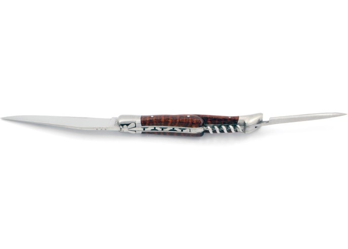 Laguiole pliant, 12 cm, abeille forgée, lame & tire-bouchon & poinçon, mitres inox mat, manche bois d'amourette