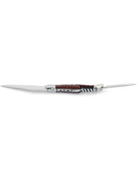 Laguiole pliant, 12 cm, abeille forgée, lame & tire-bouchon & poinçon, mitres inox mat, manche bois d'amourette