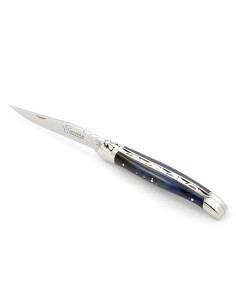 Laguiole pliant, 11 cm, abeille forgée, manche en hêtre teinté bleu avec mitres inox brillant