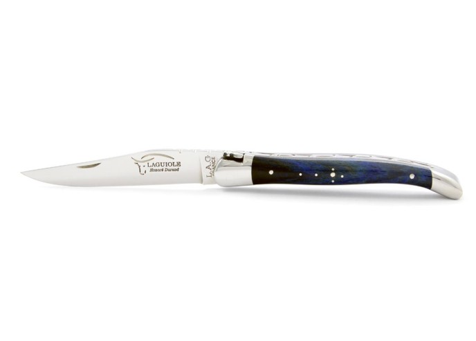 Laguiole pliant, 11 cm, abeille forgée, manche en hêtre teinté bleu avec mitres inox brillant