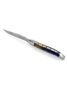Laguiole pliant, 12 cm, abeille forgée, lame seule, mitres inox brillant, manche Hêtre teinté bleu