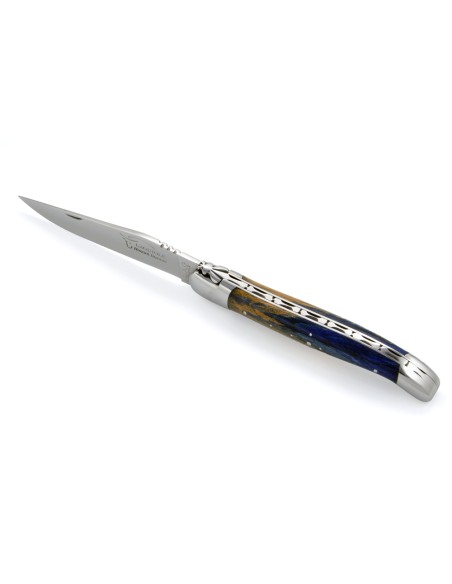 Laguiole pliant, 12 cm, abeille forgée, lame seule, mitres inox brillant, manche Hêtre teinté bleu