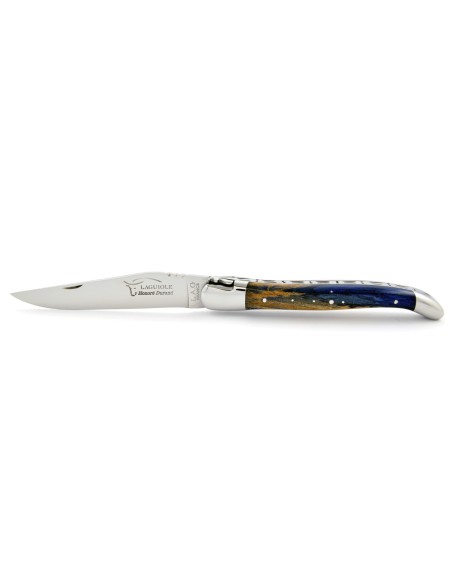 Laguiole pliant, 12 cm, abeille forgée, lame seule, mitres inox brillant, manche Hêtre teinté bleu