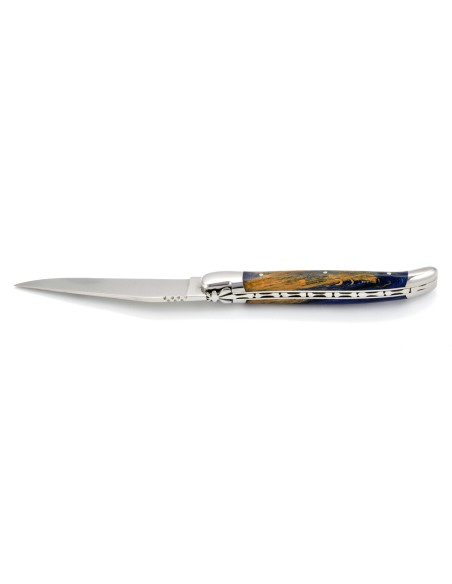 Laguiole pliant, 12 cm, abeille forgée, lame seule, mitres inox brillant, manche Hêtre teinté bleu