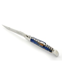 Laguiole pliant, 12 cm,  abeille forgée, lame & tire-bouchon, mitres inox brillant, manche en Hêtre teinté bleu