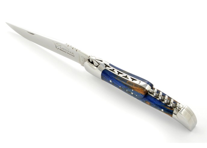 Laguiole pliant, 12 cm,  abeille forgée, lame & tire-bouchon, mitres inox brillant, manche en Hêtre teinté bleu
