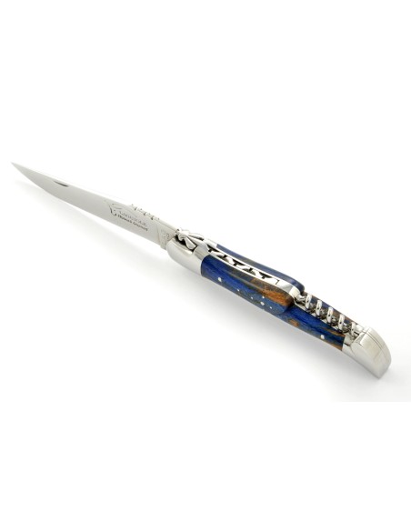 Laguiole pliant, 12 cm,  abeille forgée, lame & tire-bouchon, mitres inox brillant, manche en Hêtre teinté bleu