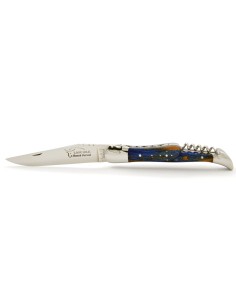 Laguiole pliant, 12 cm,  abeille forgée, lame & tire-bouchon, mitres inox brillant, manche en Hêtre teinté bleu 2