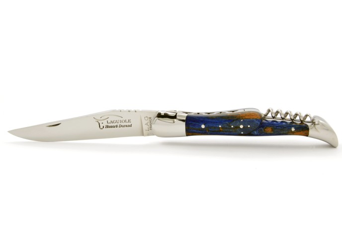 Laguiole pliant, 12 cm,  abeille forgée, lame & tire-bouchon, mitres inox brillant, manche en Hêtre teinté bleu