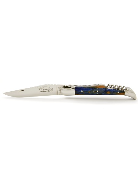 Laguiole pliant, 12 cm,  abeille forgée, lame & tire-bouchon, mitres inox brillant, manche en Hêtre teinté bleu