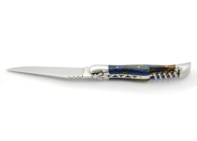 Laguiole pliant, 12 cm,  abeille forgée, lame & tire-bouchon, mitres inox brillant, manche en Hêtre teinté bleu