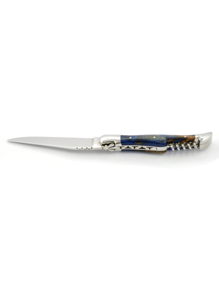 Laguiole pliant, 12 cm,  abeille forgée, lame & tire-bouchon, mitres inox brillant, manche en Hêtre teinté bleu