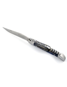 Laguiole pliant, 12 cm,  abeille forgée, lame & tire-bouchon, mitres inox mat, manche en Hêtre teinté bleu