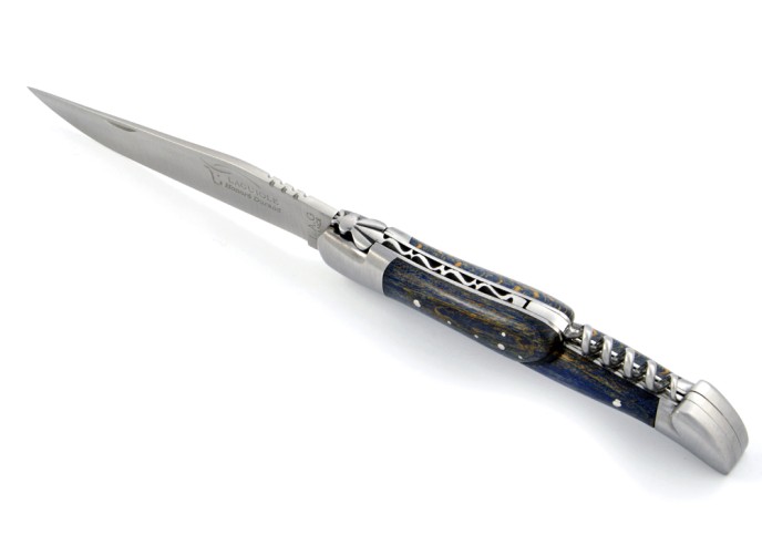 Laguiole pliant, 12 cm,  abeille forgée, lame & tire-bouchon, mitres inox mat, manche en Hêtre teinté bleu