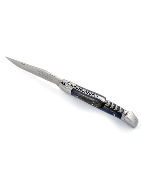 Laguiole pliant, 12 cm,  abeille forgée, lame & tire-bouchon, mitres inox mat, manche en Hêtre teinté bleu