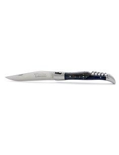 Laguiole pliant, 12 cm,  abeille forgée, lame & tire-bouchon, mitres inox mat, manche en Hêtre teinté bleu 2