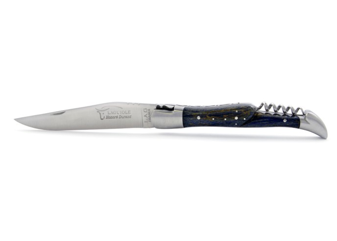 Laguiole pliant, 12 cm,  abeille forgée, lame & tire-bouchon, mitres inox mat, manche en Hêtre teinté bleu