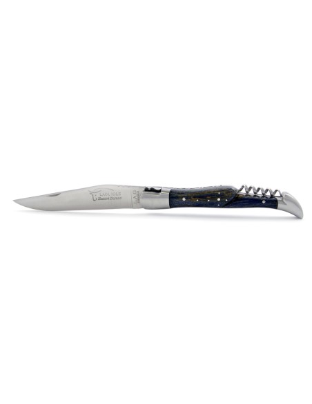 Laguiole pliant, 12 cm,  abeille forgée, lame & tire-bouchon, mitres inox mat, manche en Hêtre teinté bleu