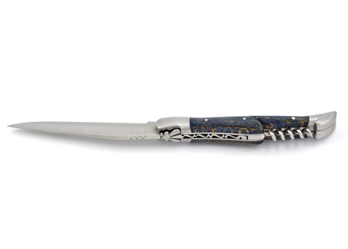 Laguiole pliant, 12 cm,  abeille forgée, lame & tire-bouchon, mitres inox mat, manche en Hêtre teinté bleu
