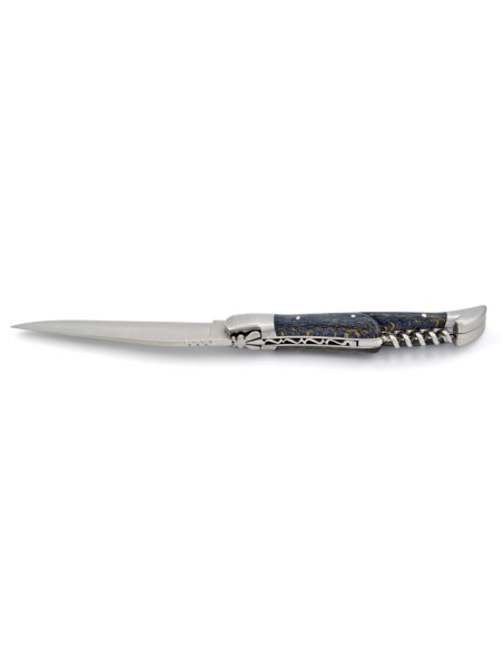 Laguiole pliant, 12 cm,  abeille forgée, lame & tire-bouchon, mitres inox mat, manche en Hêtre teinté bleu