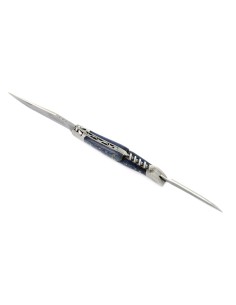 Laguiole pliant, 12 cm, abeille forgée, lame & tire-bouchon & poinçon, mitres inox mat, manche hêtre teinté bleu