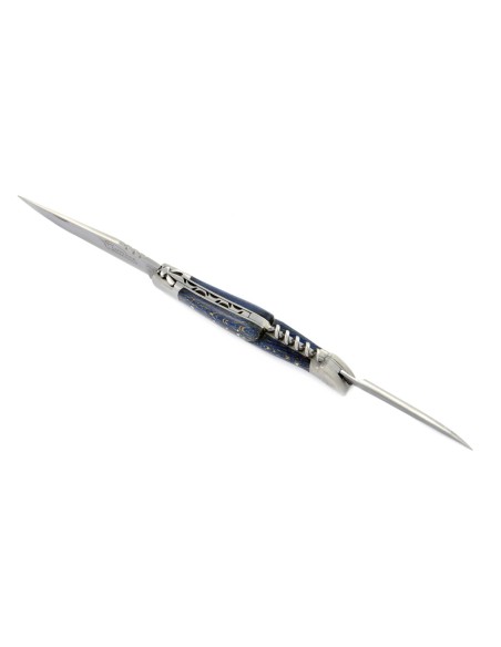 Laguiole pliant, 12 cm, abeille forgée, lame & tire-bouchon & poinçon, mitres inox mat, manche hêtre teinté bleu