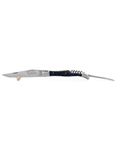 Laguiole pliant, 12 cm, abeille forgée, lame & tire-bouchon & poinçon, mitres inox mat, manche hêtre teinté bleu 2