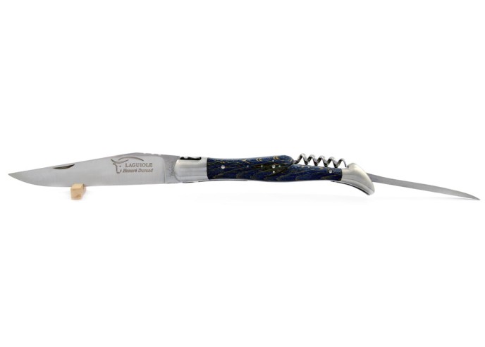 Laguiole pliant, 12 cm, abeille forgée, lame & tire-bouchon & poinçon, mitres inox mat, manche hêtre teinté bleu