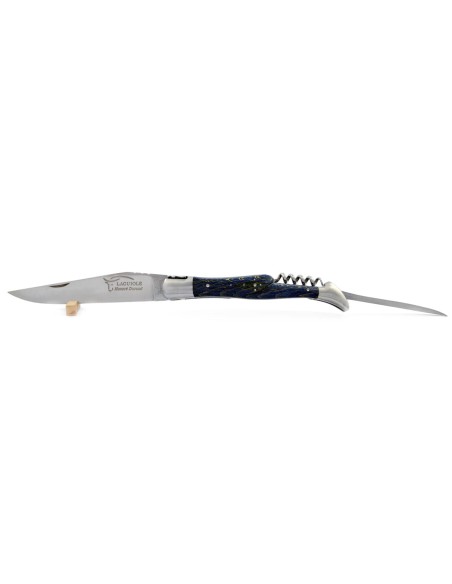 Laguiole pliant, 12 cm, abeille forgée, lame & tire-bouchon & poinçon, mitres inox mat, manche hêtre teinté bleu