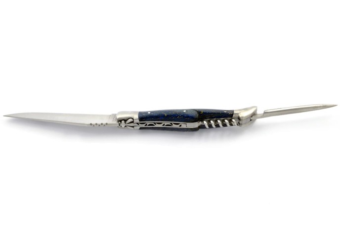 Laguiole pliant, 12 cm, abeille forgée, lame & tire-bouchon & poinçon, mitres inox mat, manche hêtre teinté bleu