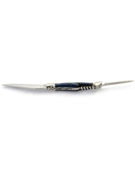 Laguiole pliant, 12 cm, abeille forgée, lame & tire-bouchon & poinçon, mitres inox mat, manche hêtre teinté bleu