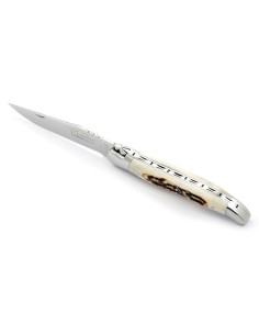 Laguiole pliant, 12 cm, abeille forgée, lame seule, mitres inox brillant, manche bois de cerf