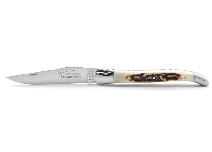 Laguiole pliant, 12 cm, abeille forgée, lame seule, mitres inox brillant, manche bois de cerf