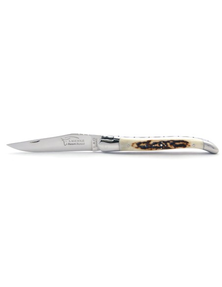 Laguiole pliant, 12 cm, abeille forgée, lame seule, mitres inox brillant, manche bois de cerf
