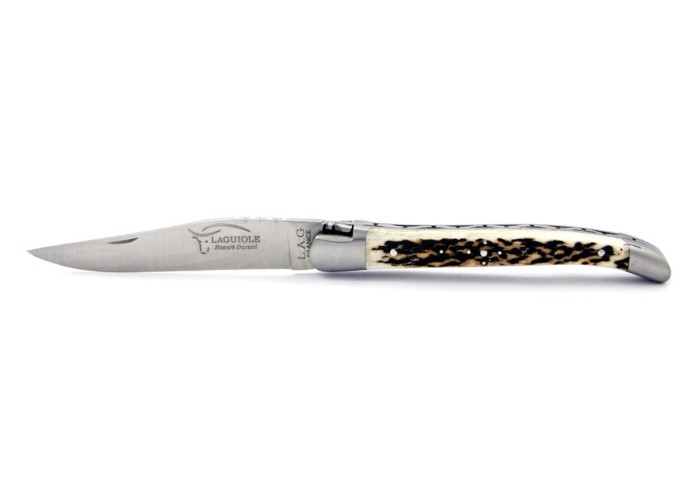 Laguiole pliant, 11 cm, abeille forgée, lame seule, mitres inox mat, manche en bois de cerf