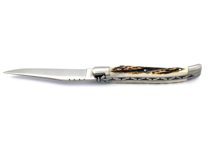 Laguiole pliant, 11 cm, abeille forgée, lame seule, mitres inox mat, manche en bois de cerf