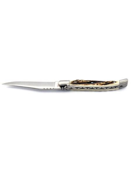 Laguiole pliant, 11 cm, abeille forgée, lame seule, mitres inox mat, manche en bois de cerf