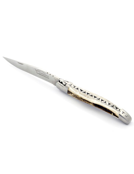 Laguiole pliant, 12 cm, abeille forgée, lame seule, mitres inox mat, manche bois de cerf