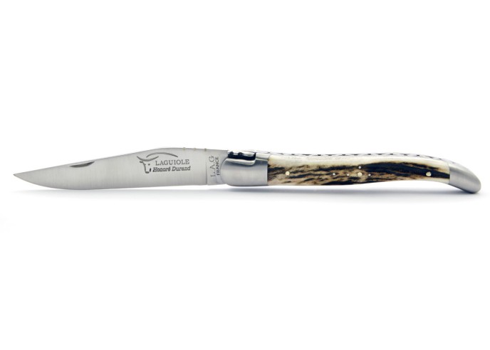 Laguiole pliant, 12 cm, abeille forgée, lame seule, mitres inox mat, manche bois de cerf
