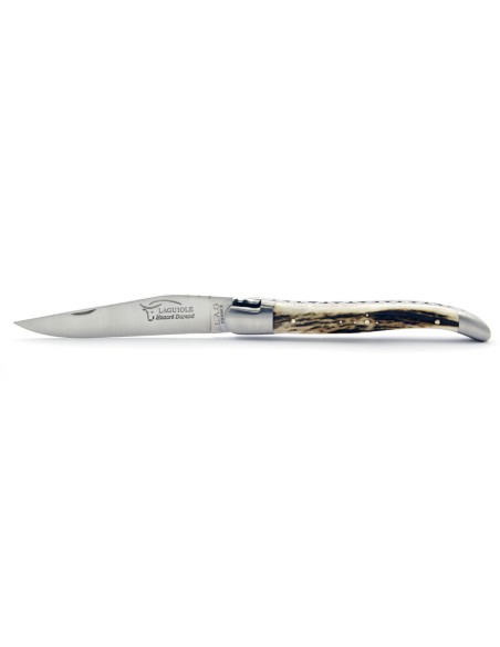 Laguiole pliant, 12 cm, abeille forgée, lame seule, mitres inox mat, manche bois de cerf