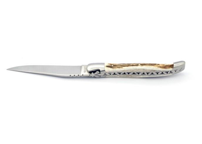 Laguiole pliant, 12 cm, abeille forgée, lame seule, mitres inox mat, manche bois de cerf