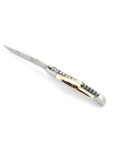 Laguiole pliant, 12 cm, abeille forgée, lame & tire-bouchon, mitres inox brillant, manche bois de cerf