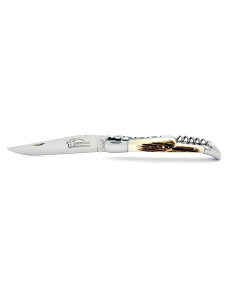 Laguiole pliant, 12 cm, abeille forgée, lame & tire-bouchon, mitres inox brillant, manche bois de cerf