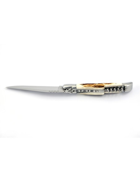 Laguiole pliant, 12 cm, abeille forgée, lame & tire-bouchon, mitres inox brillant, manche bois de cerf