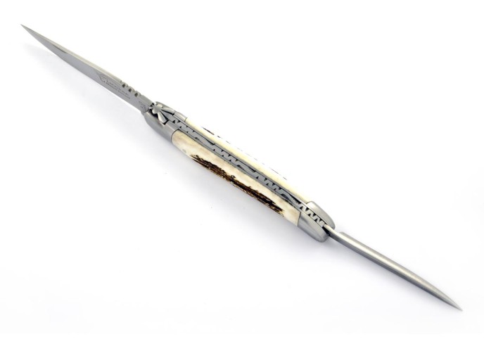 Laguiole pliant, 12 cm, abeille forgée, lame et poinçon, mitres inox mat, manche bois de cerf